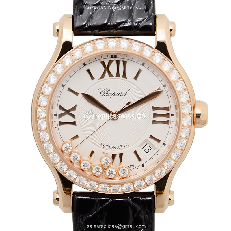 Chopard Happy Sport Replica - Automatic - 18kt Rose Gold - Diamonds - Silver Dial - Black Alligator Strap